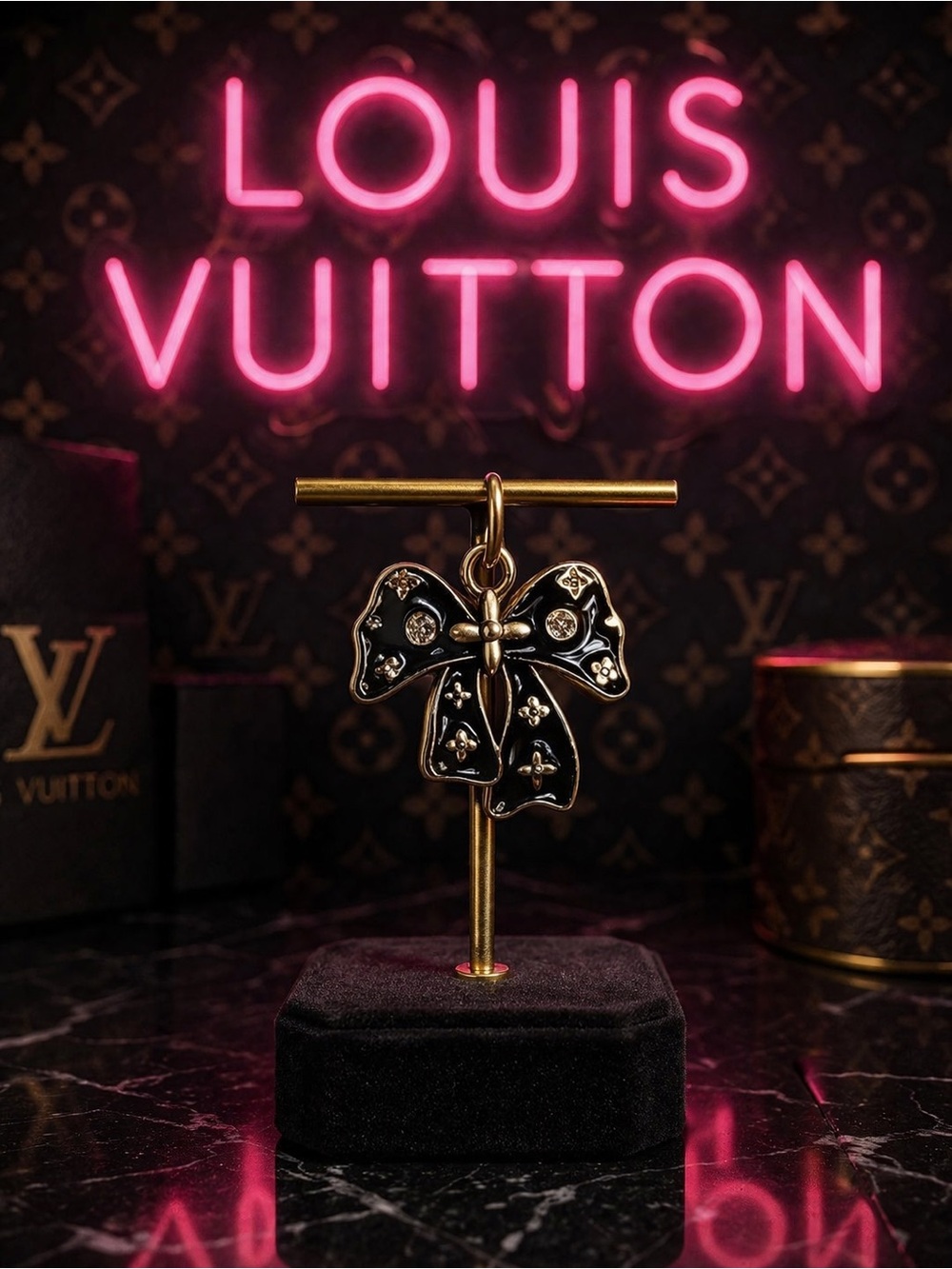 Luxury LV stamped Black Enamel Bow Pendant charm/ zipper pull with Gold Accents